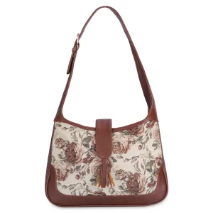 THE CLOWNFISH Samantha Tapestry & Faux Leather Handbag for Women Office Bag Ladies Shoulder Bag Tote For Women College Girls (Brown-Floral)