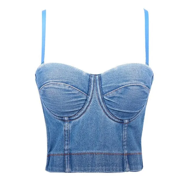 Trendy Denim  Half Camisole Adjustable Shoulder Strap Top