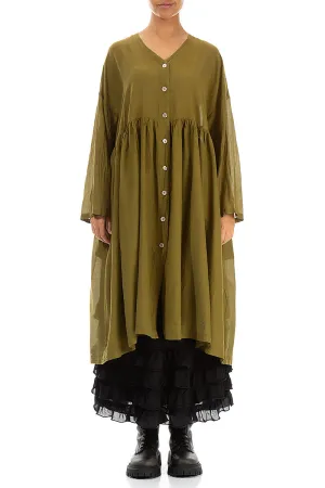 V-Neck Olive Silk Cotton Jacket Dress