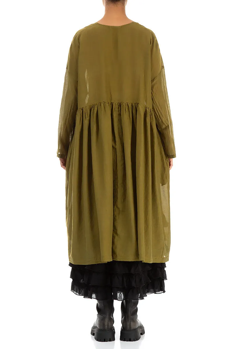 V-Neck Olive Silk Cotton Jacket Dress