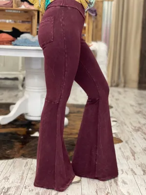 Washed Bell Bottom Flare Pants with Pockets in Burgundy