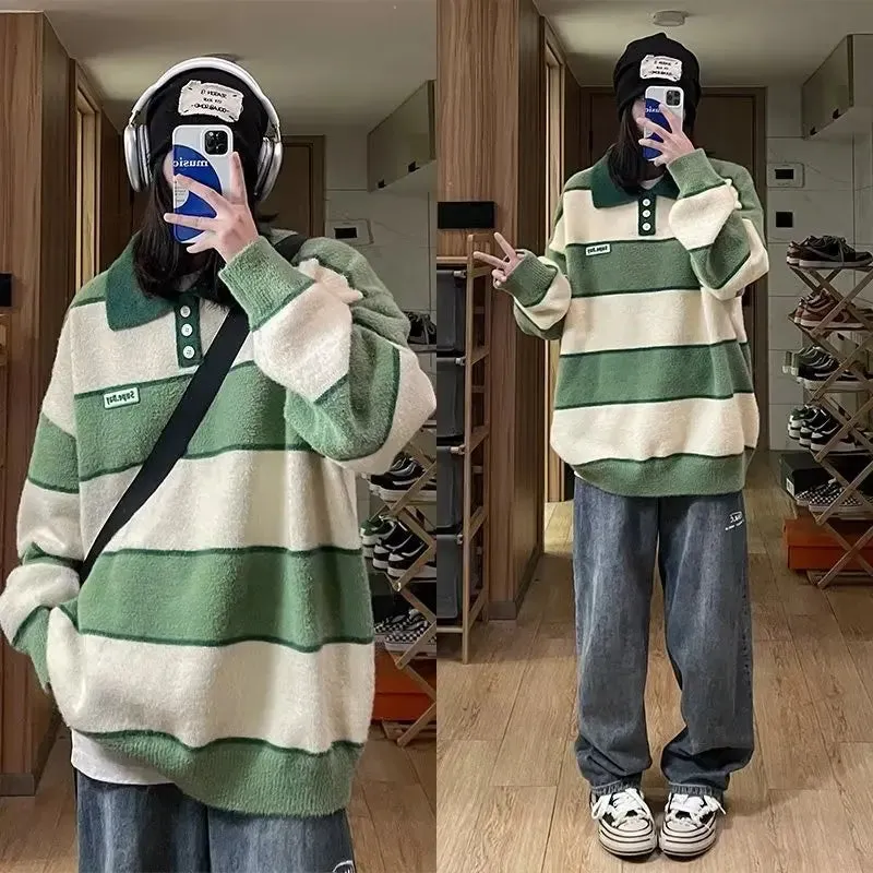 Wiaofellas  -  Retro Striped Knitted Polo Shirt Men Autumn Winter Thick Contrast Color Sweater Japanese Lazy Style Loose Trendy Knit Tops