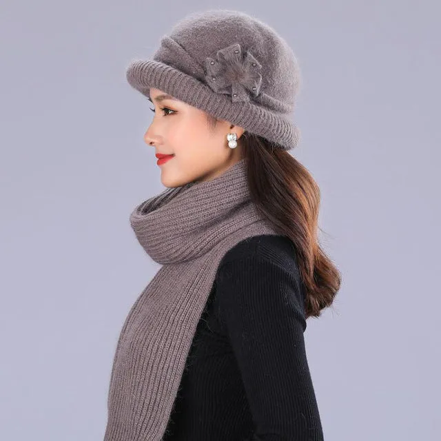 Winter Rabbit Wool Casual Warm Knitted Winter Beanie And Scarf