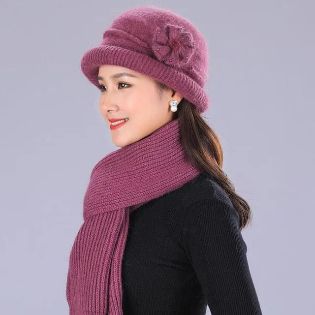 Winter Rabbit Wool Casual Warm Knitted Winter Beanie And Scarf