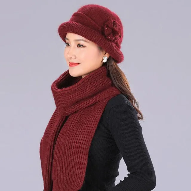 Winter Rabbit Wool Casual Warm Knitted Winter Beanie And Scarf