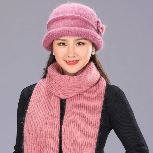 Winter Rabbit Wool Casual Warm Knitted Winter Beanie And Scarf