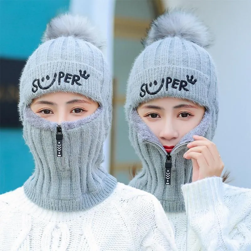 Women Winter Warm Knitted Fur Lined Hats with Zipper Face Warmer Balaclava