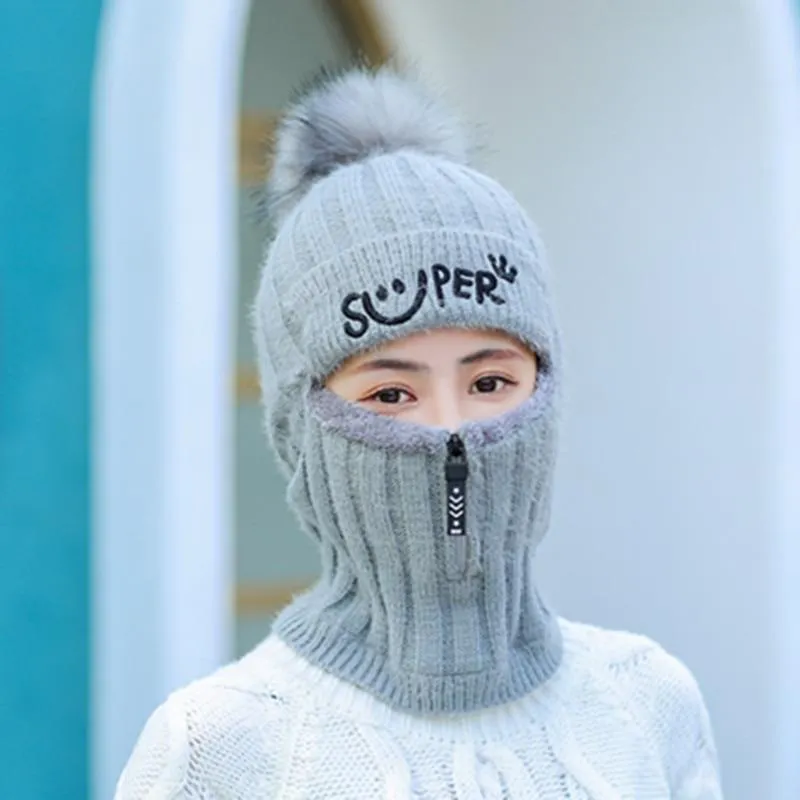 Women Winter Warm Knitted Fur Lined Hats with Zipper Face Warmer Balaclava