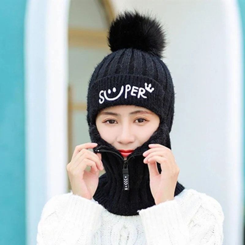 Women Winter Warm Knitted Fur Lined Hats with Zipper Face Warmer Balaclava