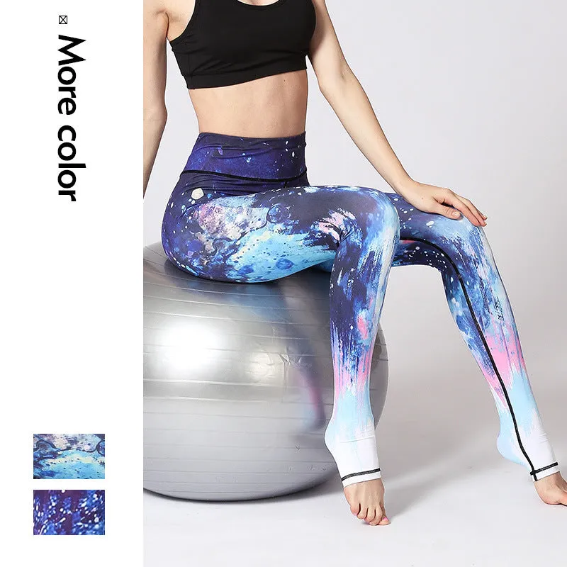 Yoga pants starry sky gradient print pants  running sports fitness pants women